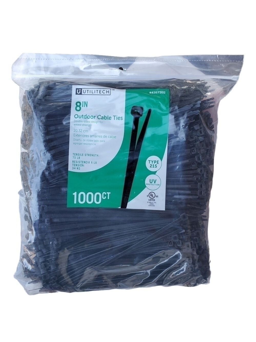 NEW Utilitech 8" Outdoor Cable Ties 1000ct 75lb strength 21S double sided